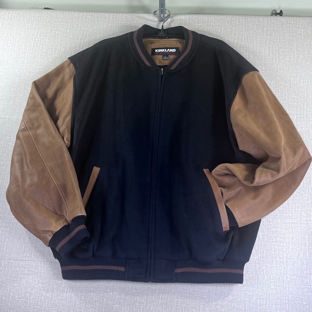 Kirkland Signature Mens Wool Leather Bomber Varsity Jacket Black Brown Large